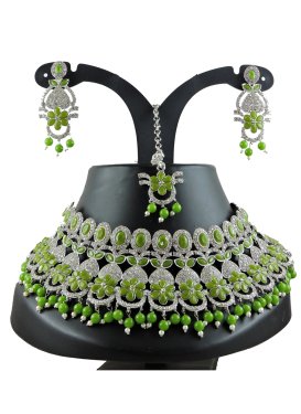 Artistic Silver Rodium Polish Beads Work Olive and Silver Color Necklace Set for Festival