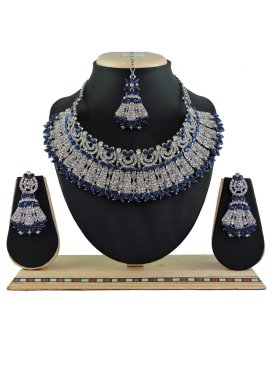 Artistic Silver Rodium Polish Stone Work Necklace Set For Ceremonial