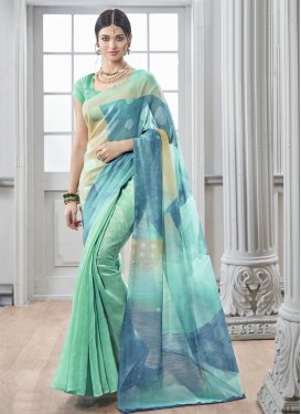 Aspiring Aqua Blue and Beige Digital Print Work Art Silk Traditional Saree For Casual