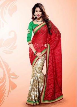Aspiring Off White And Red Color Half N Half Saree