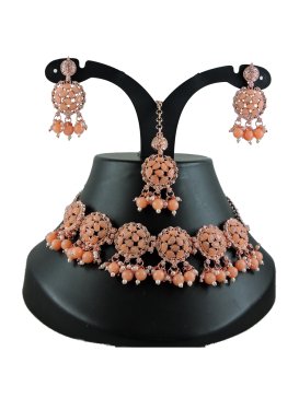 Attractive Alloy Gold Rodium Polish Beads Work Gold and Peach Necklace Set
