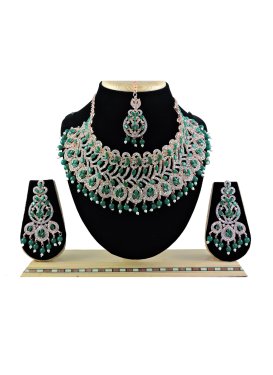Attractive Beads Work Green and White Gold Rodium Polish Necklace Set