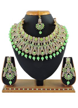 Attractive Beads Work Mint Green and White Gold Rodium Polish Necklace Set