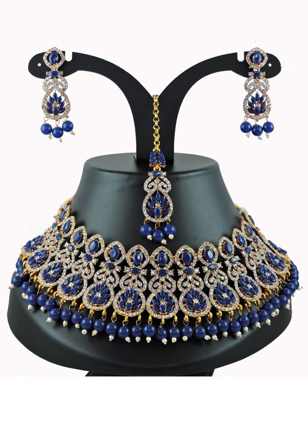 Attractive Beads Work Navy Blue and White Alloy Necklace Set