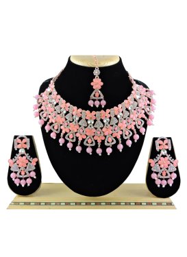 Attractive Beads Work Pink and White Necklace Set for Festival