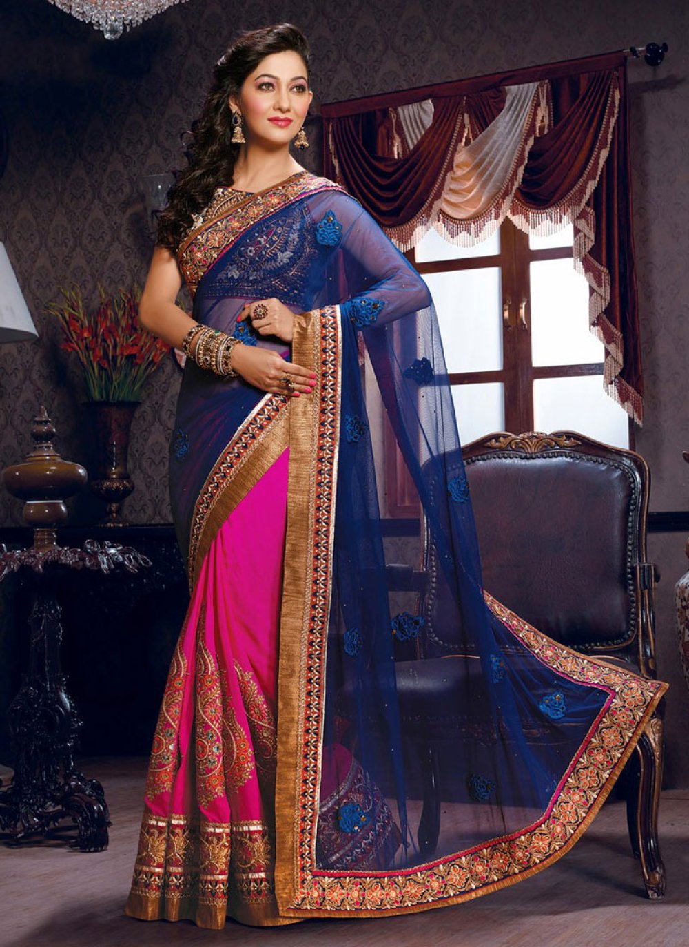 Navy Blue Pink Embroidery Thread Work Silk Fancy Designer Wedding Half  Sarees. Buy online shopping sarees at - Mauritius.