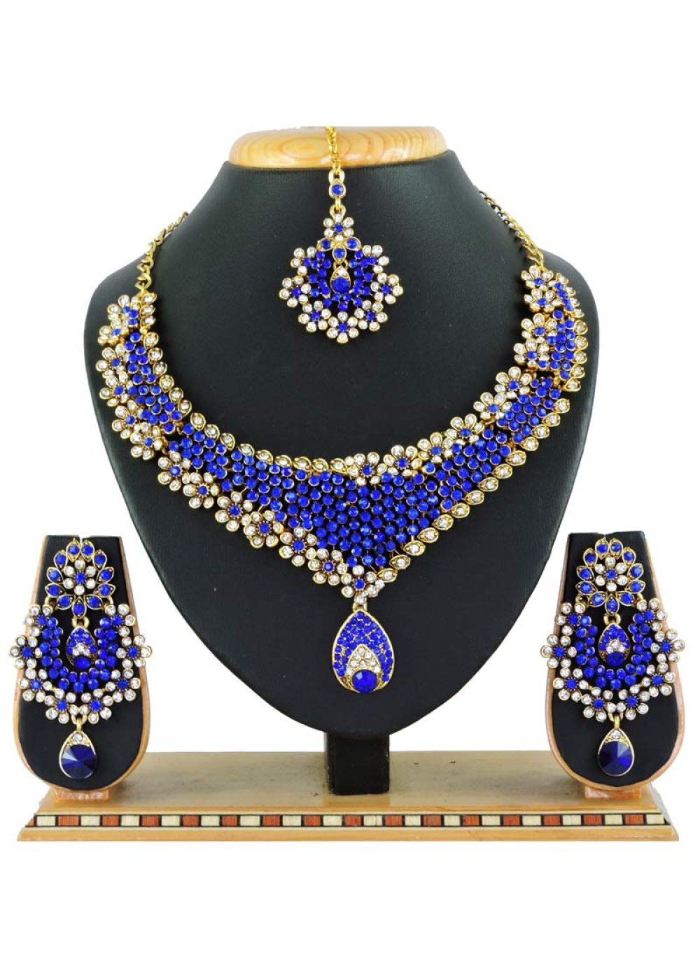 Attractive Blue and White Stone Work Alloy Gold Rodium Polish Necklace Set