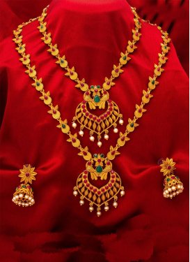Attractive Gold and Green Alloy Necklace Set For Bridal