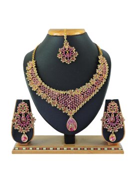 Attractive Gold and Hot Pink Stone Work Necklace Set