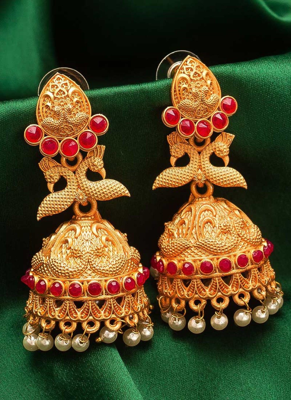 Attractive Gold and Red Alloy Earrings For Festival