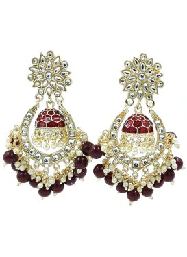 Attractive Gold Rodium Polish Beads Work Maroon and Off White Earrings for Festival