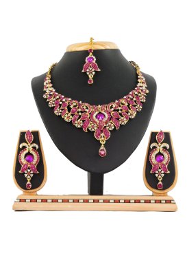 Attractive Gold Rodium Polish Stone Work Alloy Rose Pink and White Necklace Set For Festival