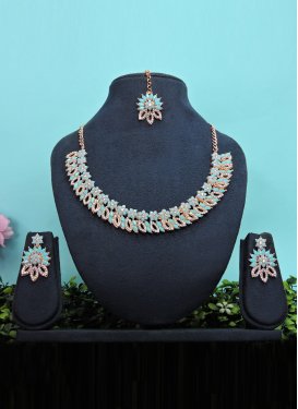 Attractive Gold Rodium Polish Stone Work Alloy Turquoise and White Necklace Set For Festival