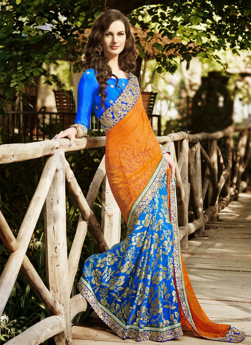 Orange And Blue Color Designer Embroidered Georgette Saree With Matching  Blouse