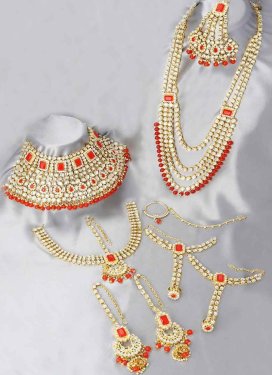 Glorious Gold Rodium Polish Red and White Moti Work Bridal Jewelry