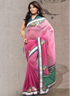 Attractive Rose Pink Color Lace Work Party Wear Saree