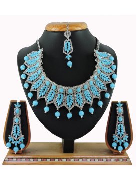 Attractive Silver Rodium Polish Light Blue and Silver Color Beads Work Necklace Set