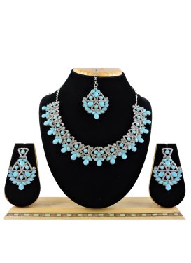 Attractive Stone Work Silver Rodium Polish Necklace Set For Ceremonial