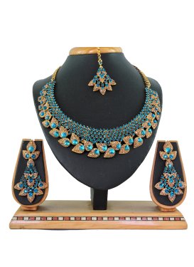 Attractive Teal and White Stone Work Alloy Gold Rodium Polish Necklace Set