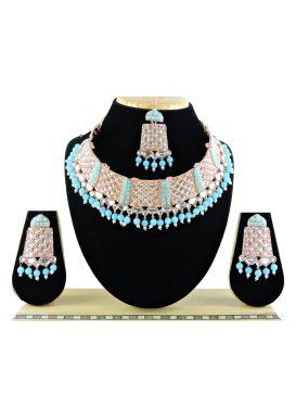 Awesome Alloy Beads Work Light Blue and White Gold Rodium Polish Necklace Set