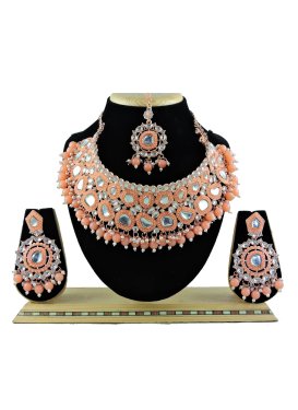Awesome Alloy Beads Work Peach and White Gold Rodium Polish Necklace Set