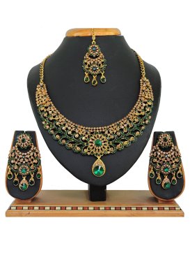 Awesome Alloy Gold Rodium Polish Bottle Green and Gold Beads Work Necklace Set