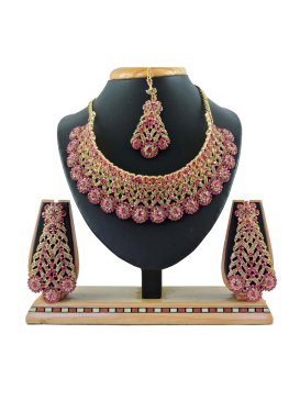 Awesome Alloy Gold Rodium Polish Gold and Rose Pink Stone Work Necklace Set