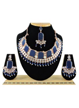 Awesome Alloy Navy Blue and White Beads Work Necklace Set