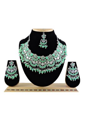 Awesome Beads Work Sea Green and Silver Color Necklace Set for Festival