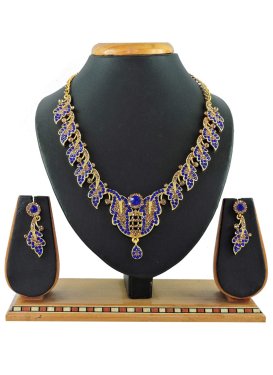 Awesome Gold Rodium Polish Beads Work Alloy Blue and Gold Necklace Set For Ceremonial