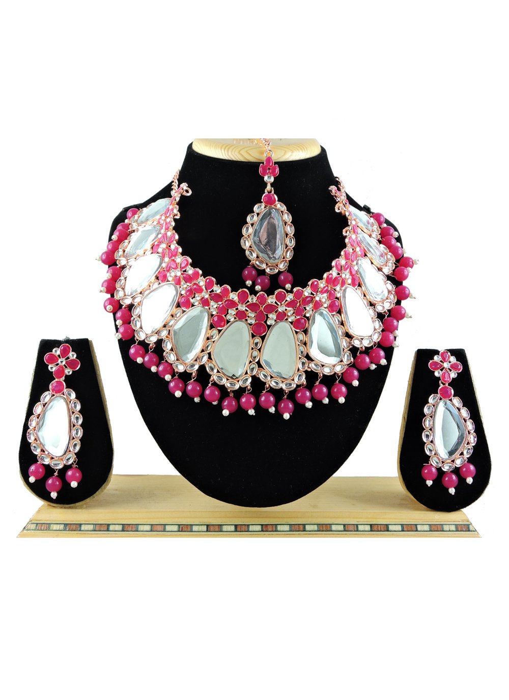 Awesome Gold Rodium Polish Beads Work Alloy Rose Pink and White Necklace Set