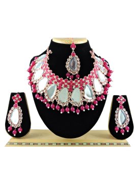 Awesome Gold Rodium Polish Beads Work Alloy Rose Pink and White Necklace Set