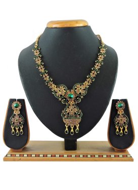 Awesome Gold Rodium Polish Bottle Green and Gold Beads Work Necklace Set