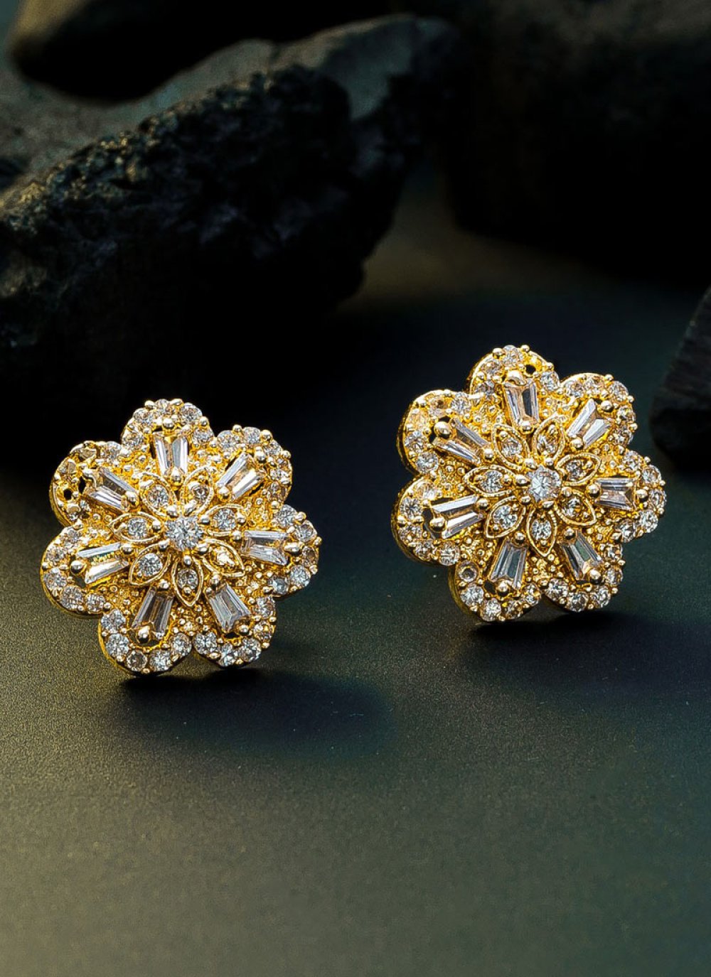 Awesome Gold Rodium Polish Stone Work Earrings For Ceremonial