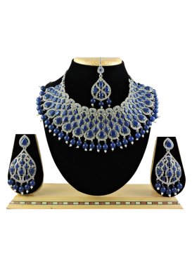 Awesome Navy Blue and Silver Color Alloy Silver Rodium Polish Necklace Set For Festival