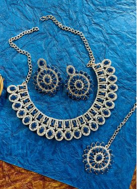 Awesome Navy Blue and Silver Color Stone Work Necklace Set