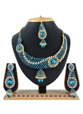 Awesome Teal and White Stone Work Necklace Set For Festival