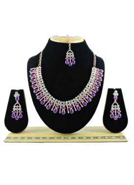 Awesome Violet and White Stone Work Necklace Set For Festival