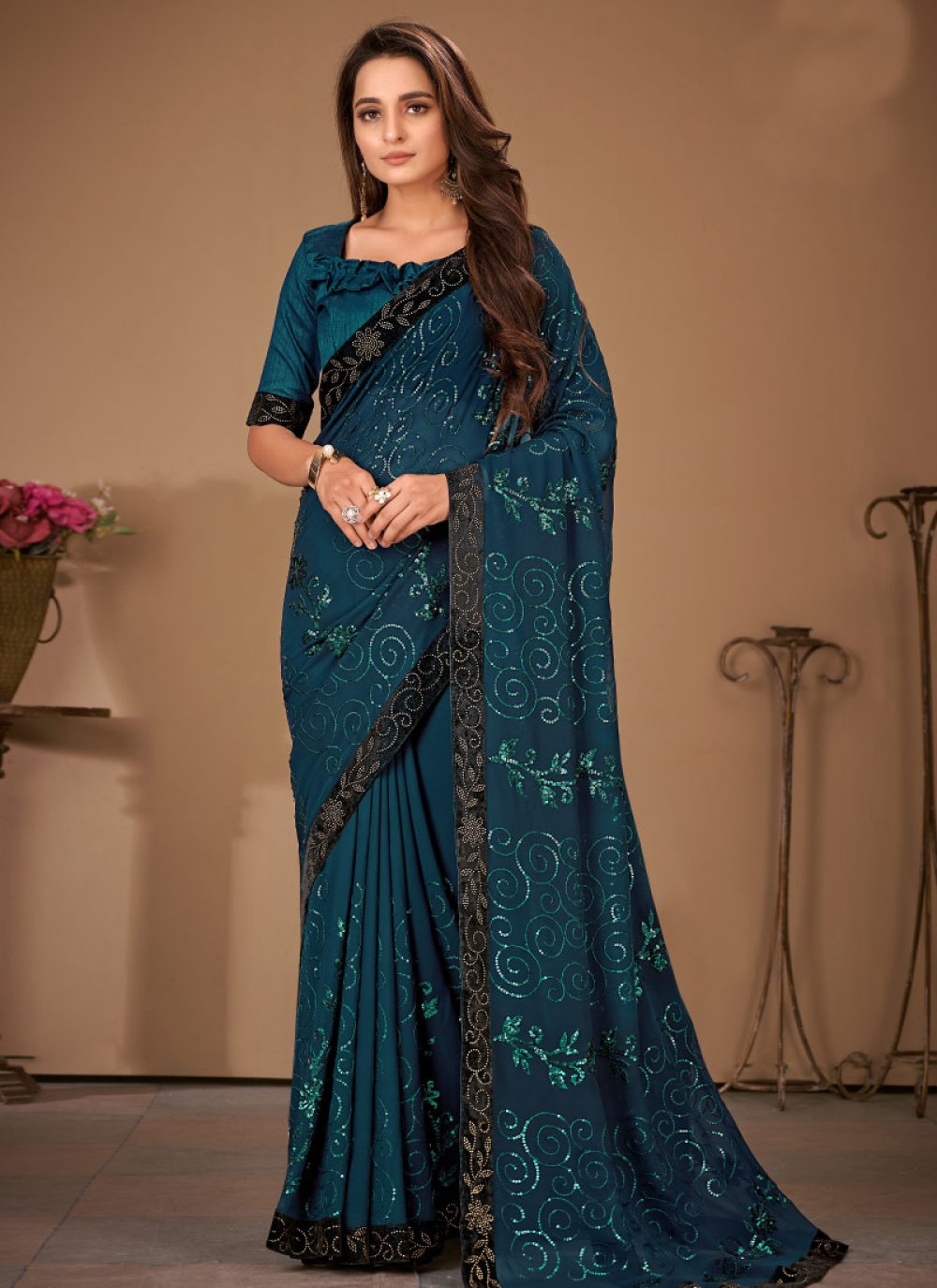 Bamberg Georgette Embroidered Work Contemporary Style Saree