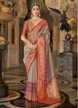 Banarasi Silk Beige and Crimson Woven Work Designer Contemporary Saree