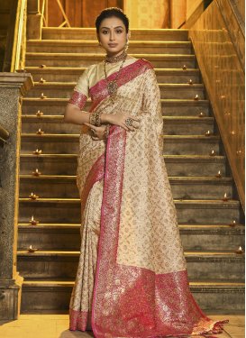 Banarasi Silk Beige and Rose Pink Woven Work Traditional Designer Saree