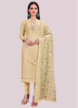 Banarasi Silk Churidar Suit in Cream with Embroidered Work for Women