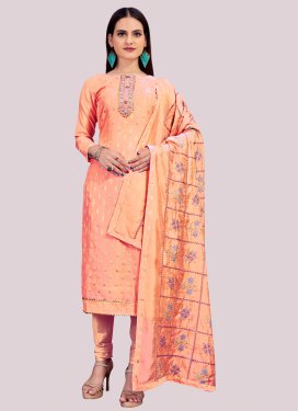 Banarasi Silk Churidar Suit with Embroidered Work in Peach for Ceremonial