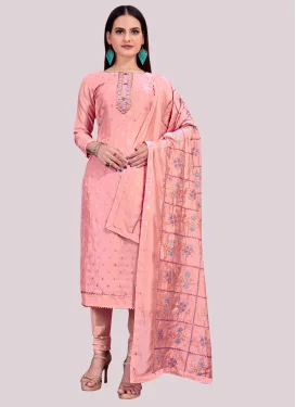Banarasi Silk Churidar Suit with Embroidered Work in Salmon