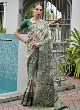 Banarasi Silk Classic Saree with Woven Work for Ceremonial in Bottle Green and Off White