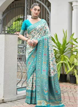 Banarasi Silk Classic Saree with Woven Work in Off White and Turquoise for Festival