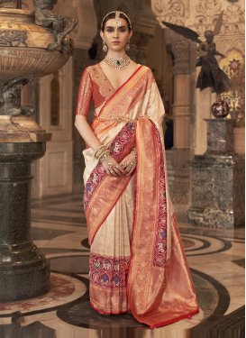 Banarasi Silk Cream and Red Woven Work Designer Contemporary Style Saree