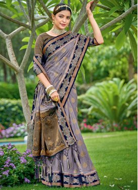 Banarasi Silk Grey and Navy Blue Woven Work Designer Contemporary Saree
