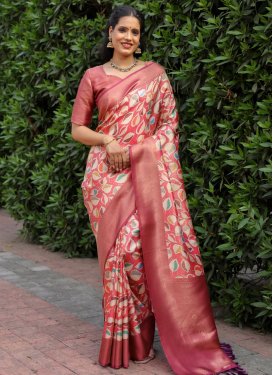 Banarasi Silk Digital Print Work Beige and Hot Pink Designer Contemporary Style Saree