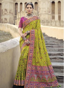 Banarasi Silk Embroidered Work Magenta and Olive Designer Traditional Saree